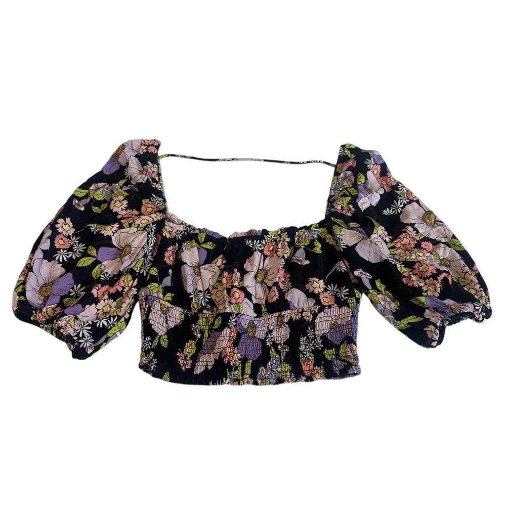 AFRM Floral Puff Sleeve Smocked Crop Top M